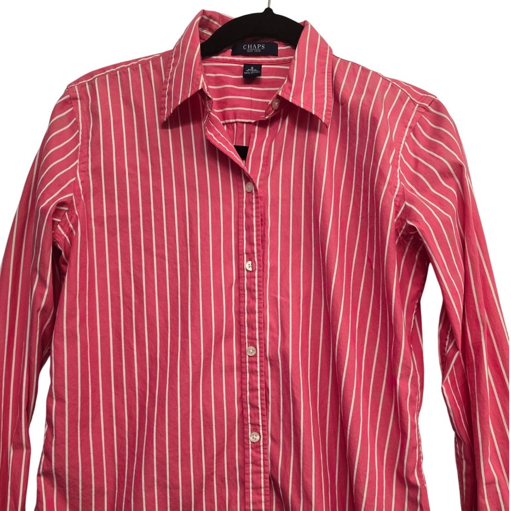 Chaps Pink White Stripe Button Up Shirt Women's S Cotton Preppy Coastal Classic - Picture 4 of 7